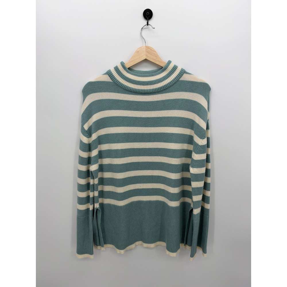 ZESICA Womens Striped Mock Neck Sweater Sage Green Cream Size S Side Slits